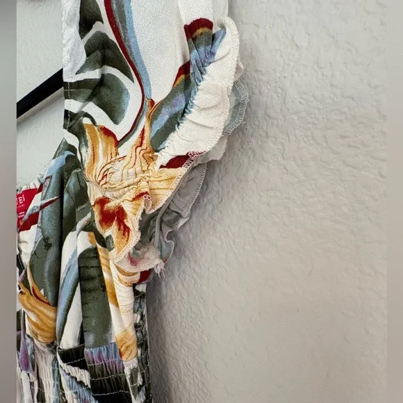 GUESS Tropical Hawaiian Mini Dress Puff Sleeve Smocked Size Small - Picture 3 of 7